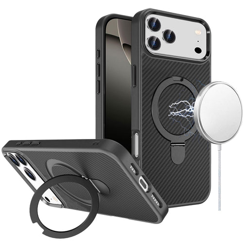 For iPhone 17 Pro Carbon Design [Magnetic Circle] with Ring Stand Hybrid Case - Black