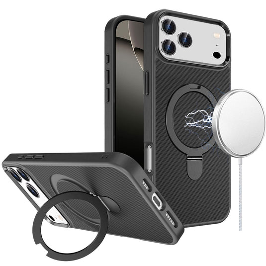 For iPhone 17 Pro Carbon Design [Magnetic Circle] with Ring Stand Hybrid Case - Black