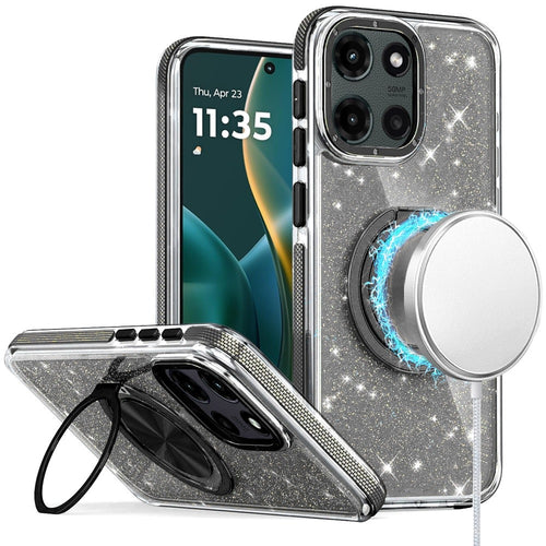 For Moto G Stylus 5G 2025 Glitz HQ Shimmer Glitter [Magnetic Ring Circle] with 360 degree Rotational Ring Kickstand Tough Hybrid Case - Black