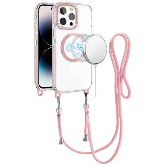 For iPhone 14 PRO MAX 6.7 Transparent HQ Clear Line Design Edged Hybrid [Magnetic Circle] with Matching Lanyard - Light Pink