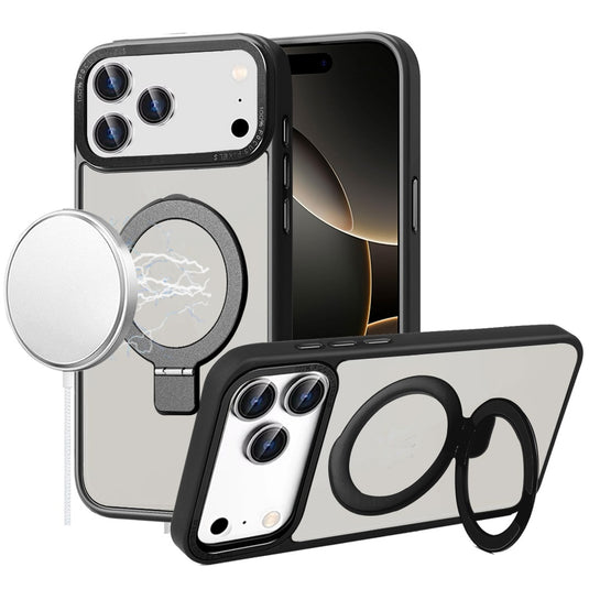 For iPhone 17 Pro Metal Chrome Kickstand [Magnetic Circle] Shockproof Matching Camera Hybrid - Black