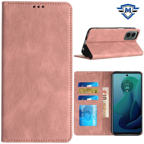 For Motorola Moto G 5G 2024 METKASE Wallet Premium PU Vegan Leather ID Card Money Holder with Magnetic Closure in Premium Slide-Out Package - Rose Gold