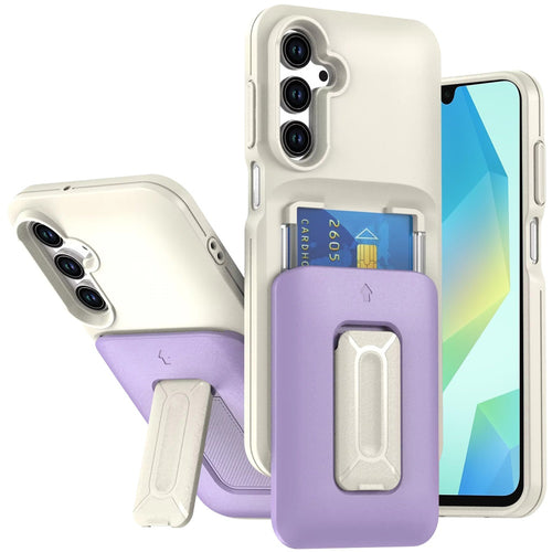 For Samsung A16 5G Card Holder (2X) with Wrist Strap Hybrid With KickStand - Beige+Light Purple