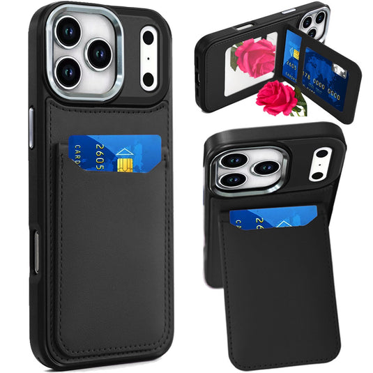 For iPhone 17 Pro Card Holder with Mirror Inside PU Leather Hybrid Case - Black
