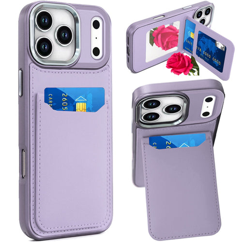 For iPhone 17 Pro Card Holder with Mirror Inside PU Leather Hybrid Case - Light Purple