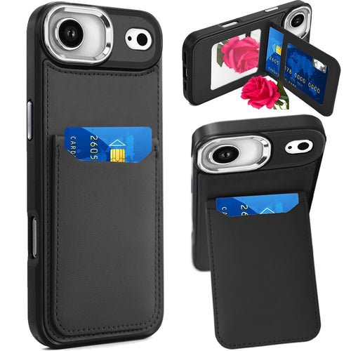 For iPhone 17 Air Card Holder with Mirror Inside PU Leather Hybrid Case - Black