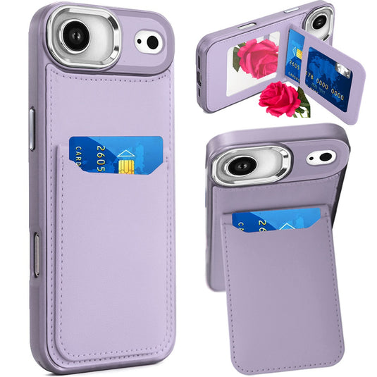 For iPhone 17 Air Card Holder with Mirror Inside PU Leather Hybrid Case - Light Purple