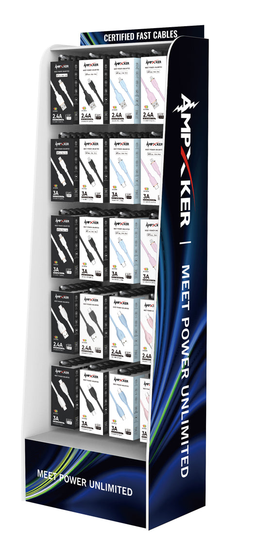 4FT Floor Cardboard Display - 20 Plastic Hooks + Locks + Key - Fits 80-100 AMPXKER Branded Products